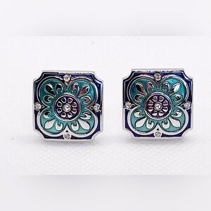 Thompson of London by Robert Tateossian rhodium plated blue enamel cufflinks